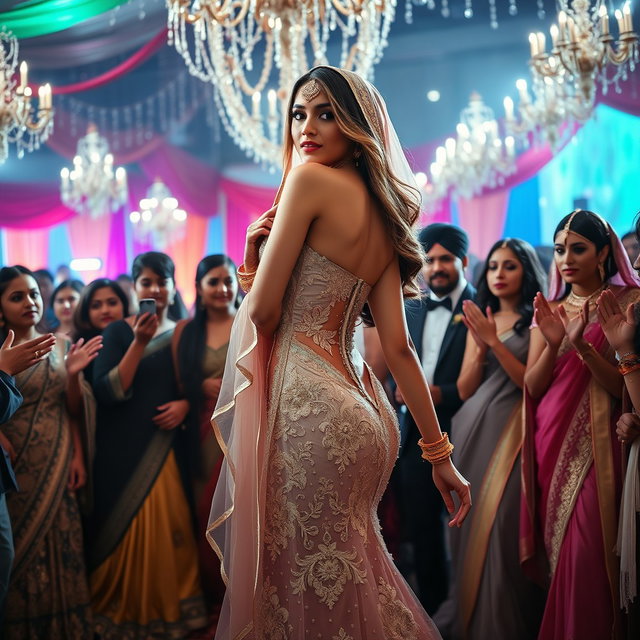 A seductive bridal scene featuring a stunning, body-revealing wedding dress that combines elements from various religions including Hindu, Muslim, Sikh, and Christian traditions, showcasing intricate embroidery and rich fabrics