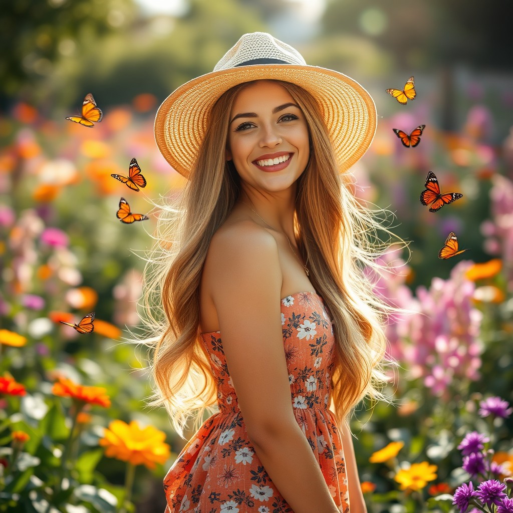 A beautiful, confident young woman with long flowing hair, wearing a stylish summer dress and a wide-brimmed hat, standing in a vibrant garden filled with colorful flowers