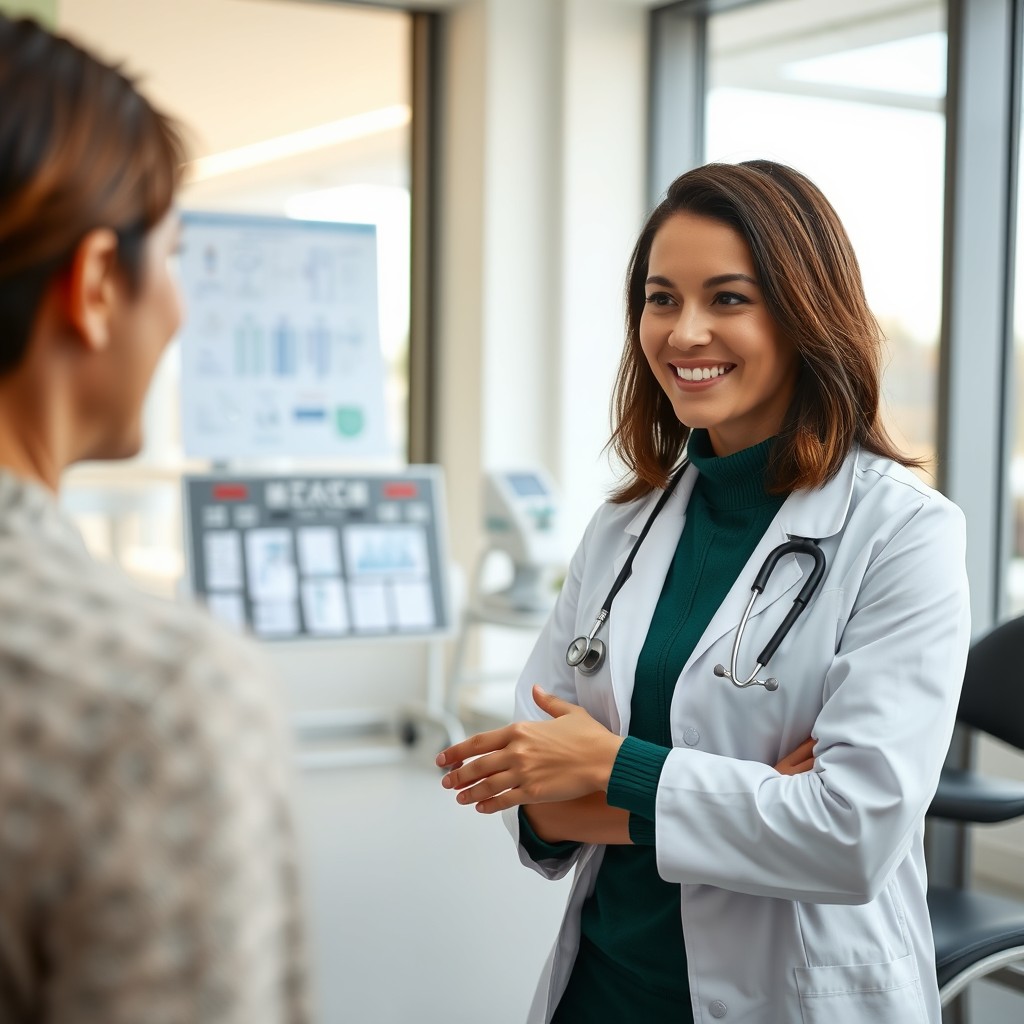 A confident and caring doctor in a modern clinic, wearing a white coat and stethoscope, examining a patient