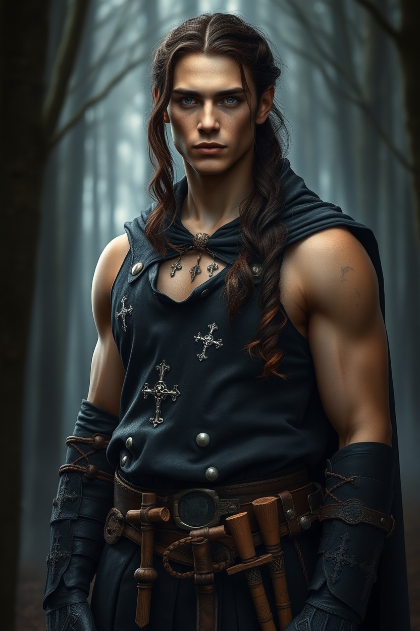 A tall, muscular figure resembling a hermit knight, standing confidently in a mystical forest