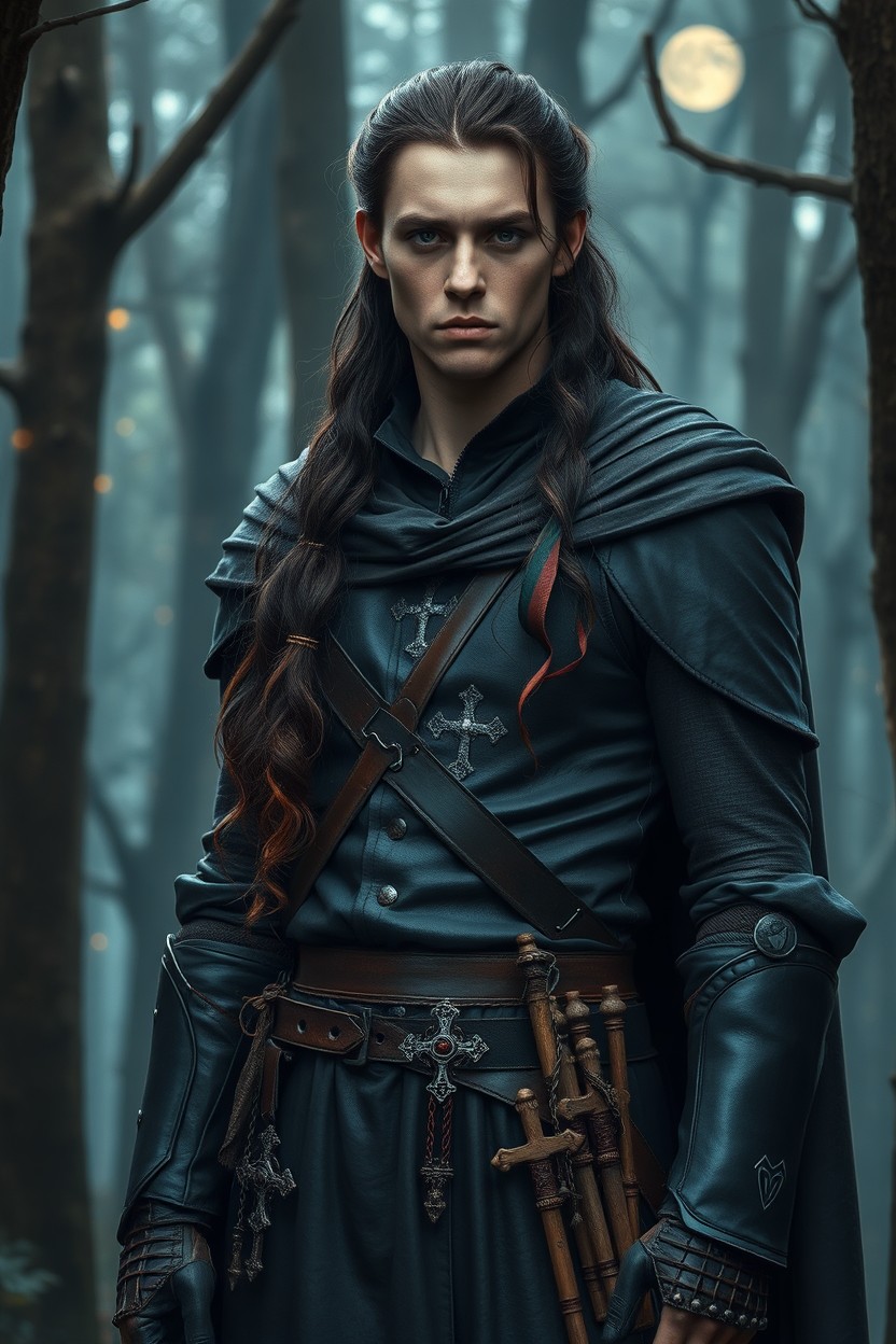 A tall, muscular figure resembling a hermit knight, standing regally in an enchanted forest