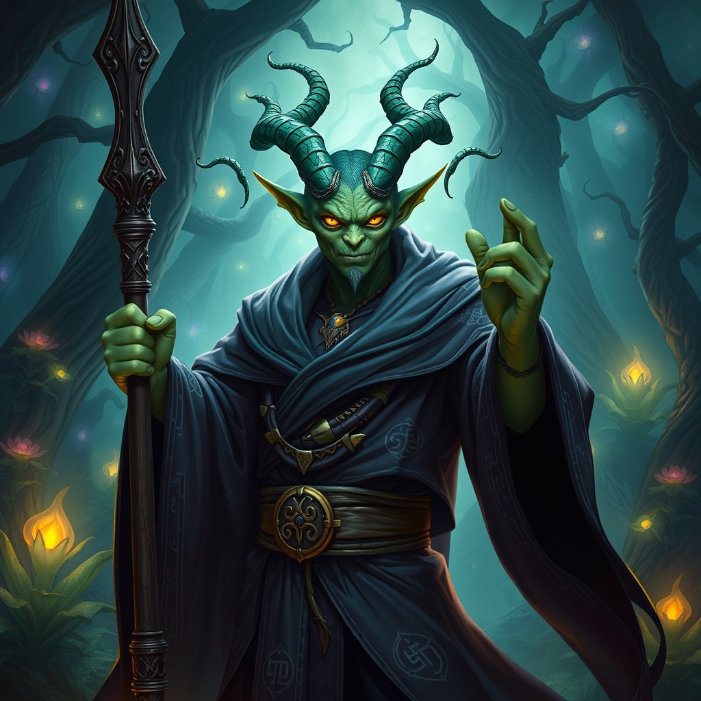 A pureblood Yuan-ti male, depicted as a powerful wizard wielding a staff