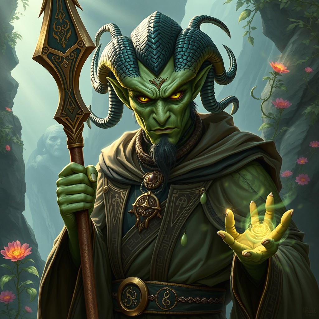 A pureblood Yuan-ti depicted as a powerful wizard, holding a majestic staff