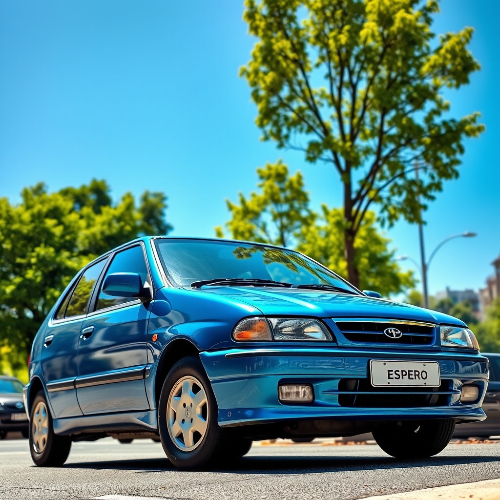 A stunning Daewoo Espero parked on a picturesque street, showcasing its sleek design and compact size
