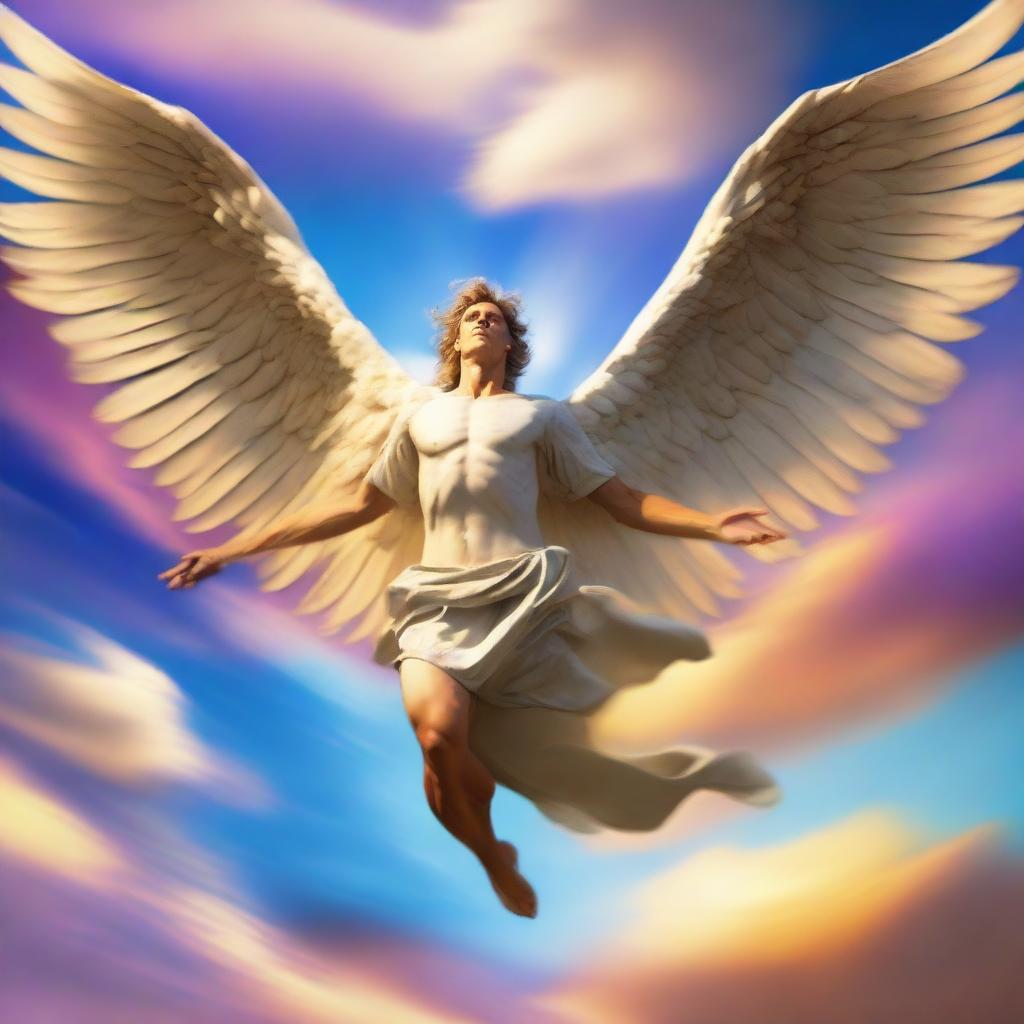 A masculine angel in flight, with wings spread wide, racing through a vibrant sky at blistering speed