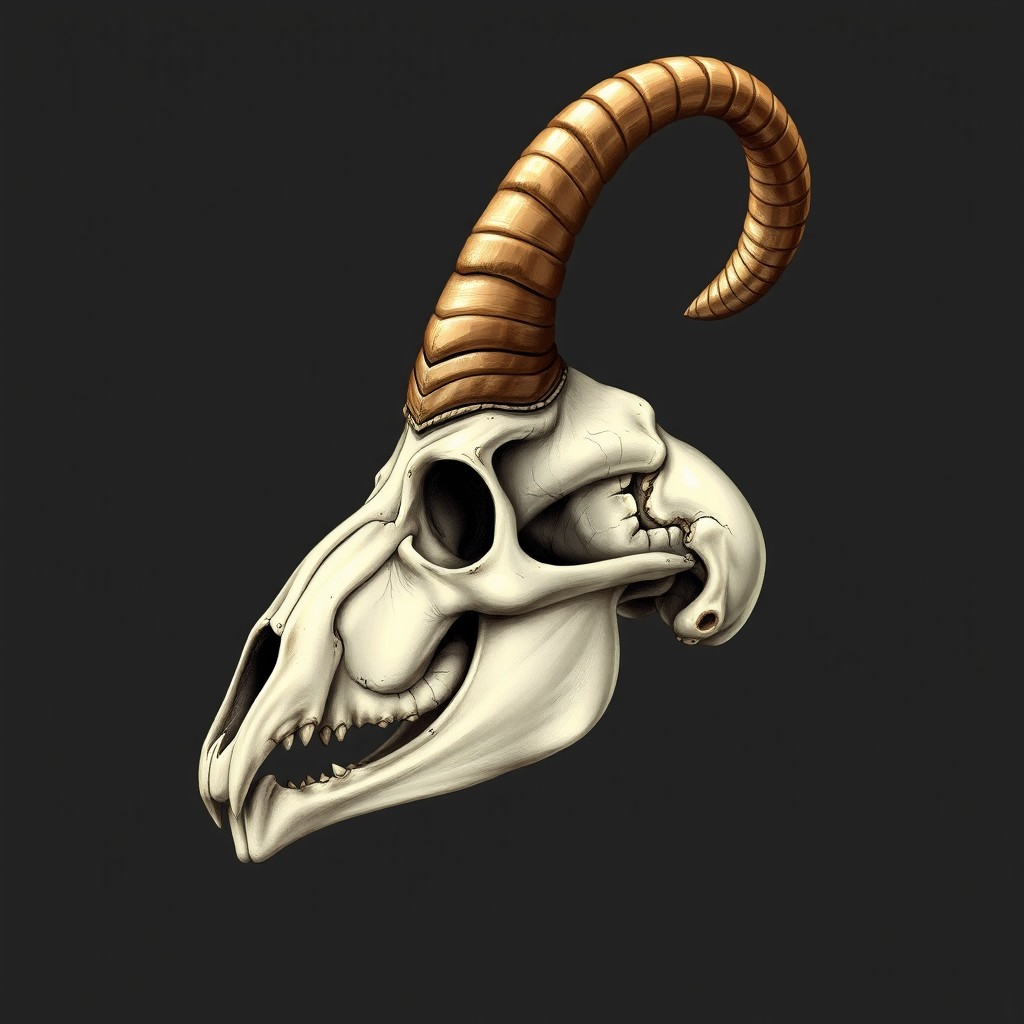 A highly detailed and realistic illustration of a horn protruding from the side of a head, extending forward toward the mouth, nose, and eyes, then curving upwards toward the sky