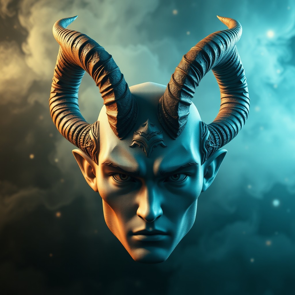 A pair of dramatic, fantasy-inspired horns emerging from the sides of a human head, extending forward toward the mouth and nose, with intricate texturing and patterns on the surface of the horns