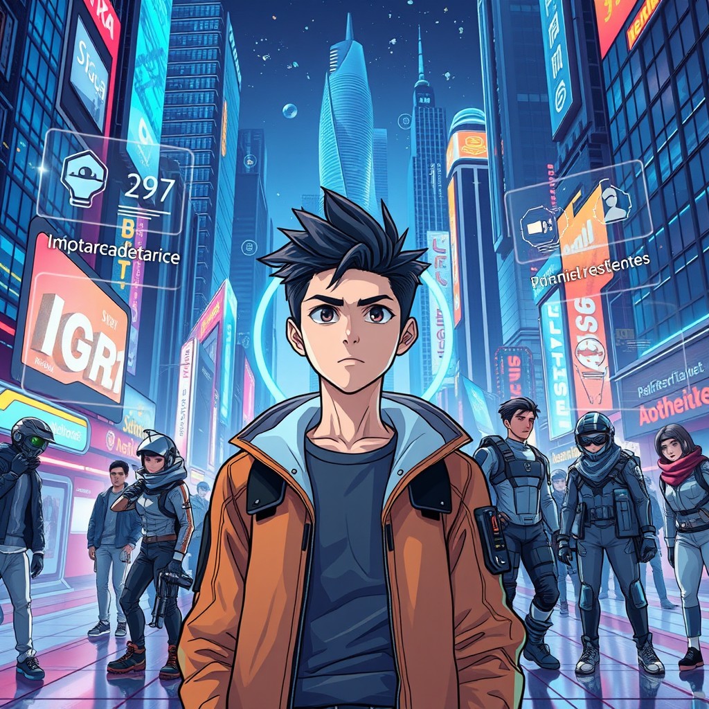 A futuristic scene set in the year 2037, depicting a young man named Itaka, an intelligent and determined character with a sharp gaze and short, stylish hair