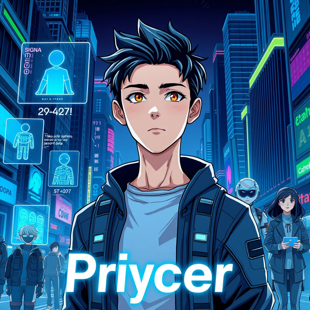 A futuristic scene set in the year 2037, depicting a young man named Itaka, an intelligent and determined character with a sharp gaze and short, stylish hair