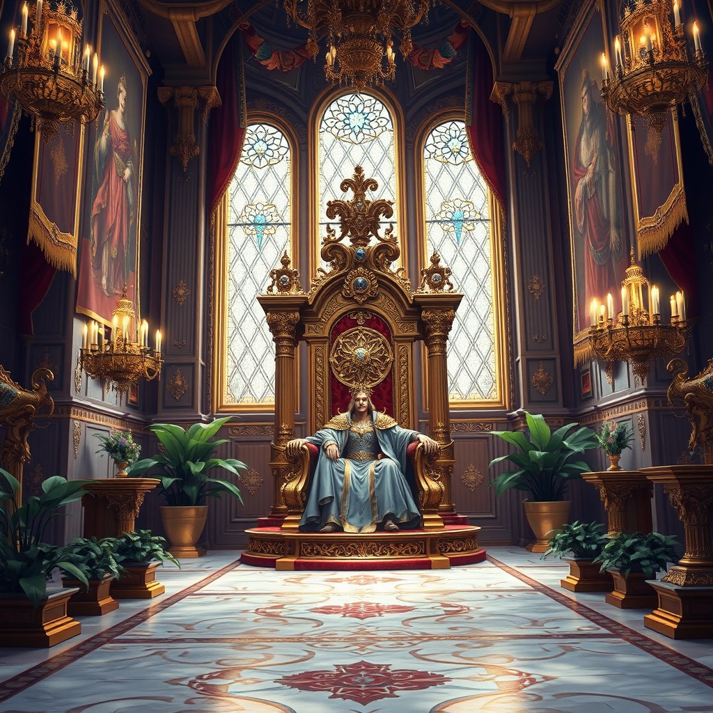 A magnificent royal throne room depicted in a detailed digital painting, designed for a fantasy novel cover