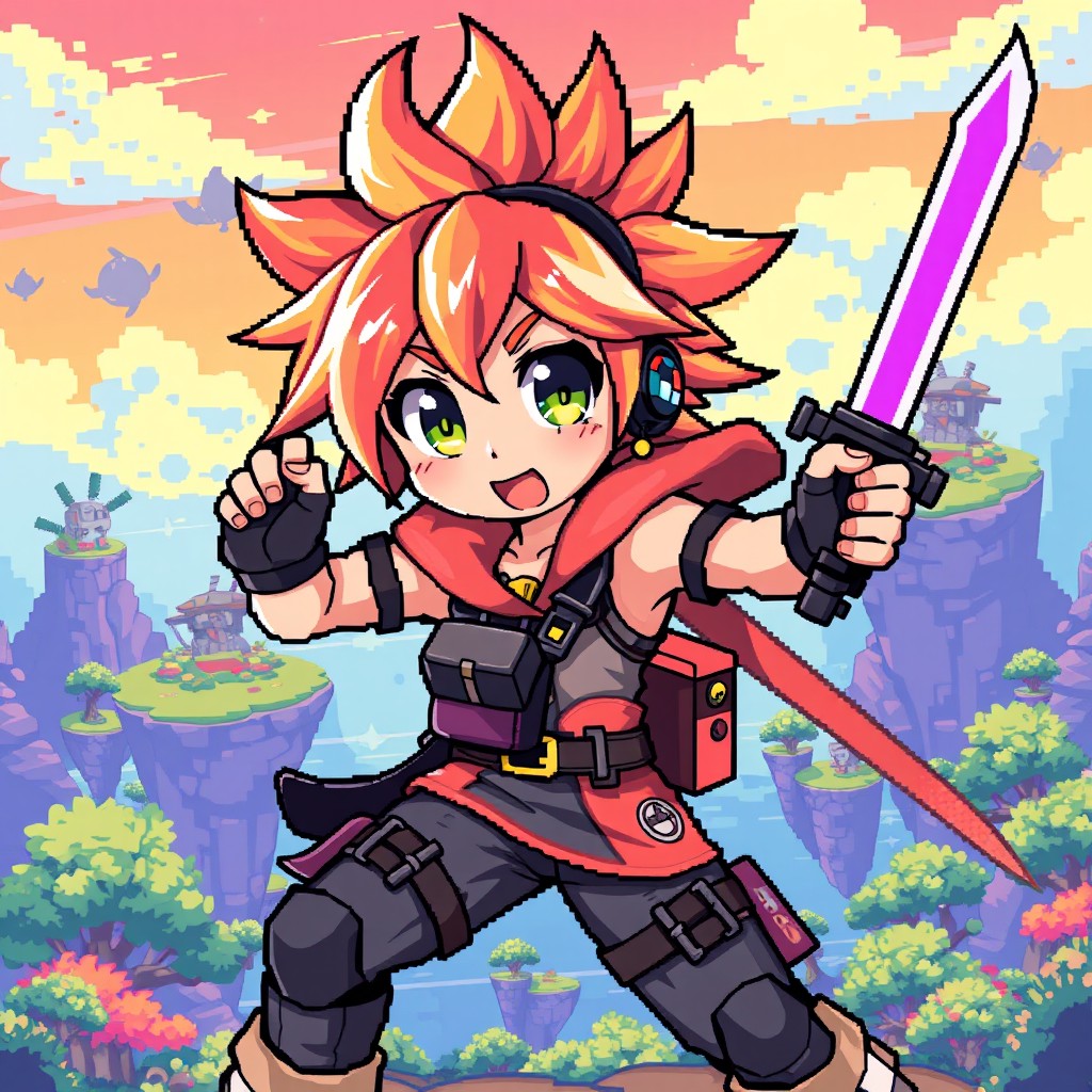 A detailed pixel art depiction of an anime character for a retro-style video game