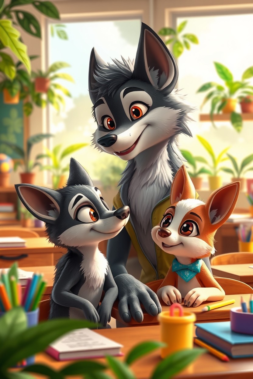 An anthropomorphic guara wolf named Leandro with expressive eyes and a friendly smile, falling in love with an adorable cutia named Katia, who has soft fur and bright, curious eyes