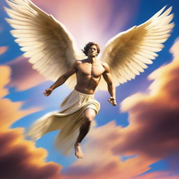 A masculine angel in flight, with wings spread wide, racing through a vibrant sky at blistering speed