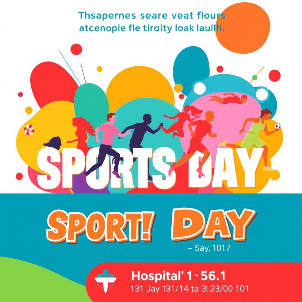 A vibrant and energetic sports day poster featuring an array of different sports activities like basketball, soccer, running, and swimming, all depicted with dynamic figures in motion