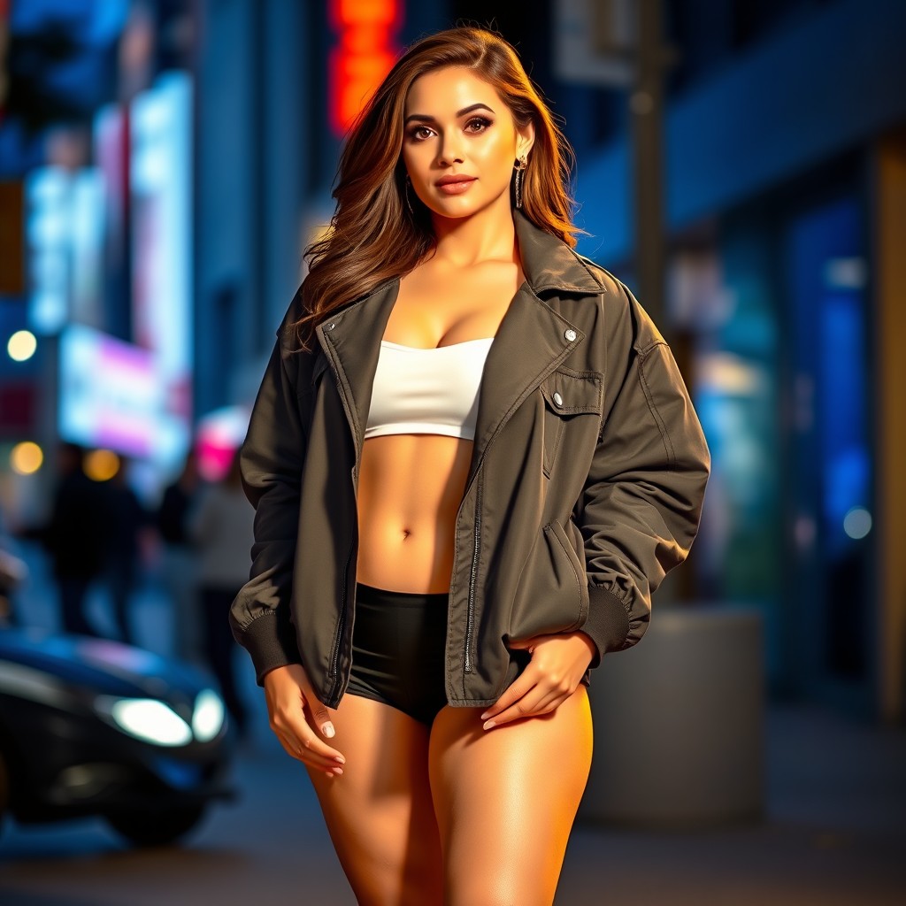 A woman wearing a stylish jacket, standing confidently, with a charismatic pose