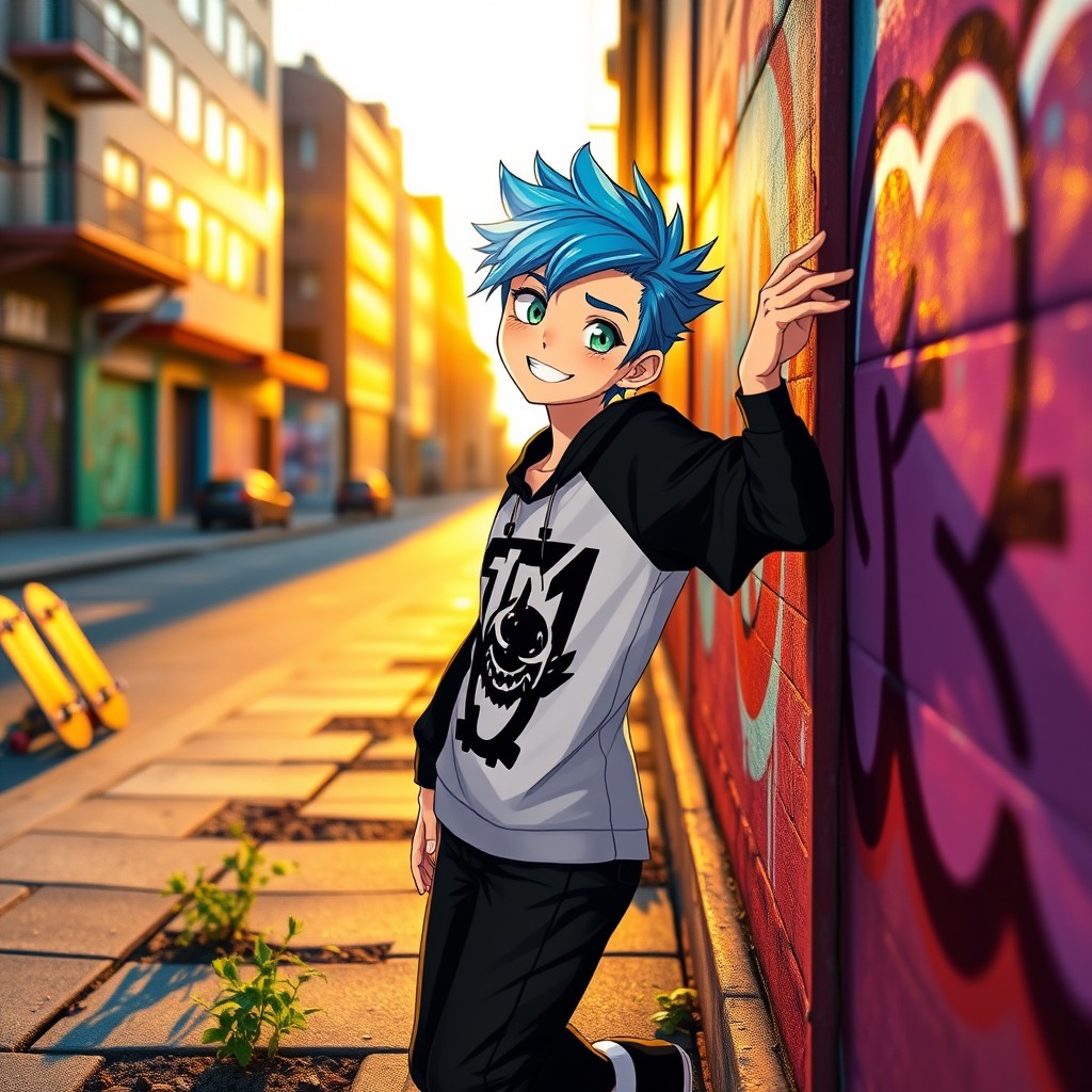 Aime boy, a charming young male character with vibrant blue hair styled in a spiky fashion
