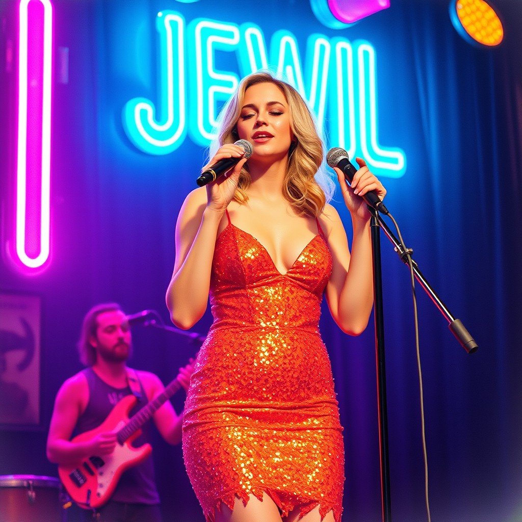 A stunning transgender singer named Jewel performing on stage in a dimly lit nightclub, standing in front of a vibrant, glowing neon sign