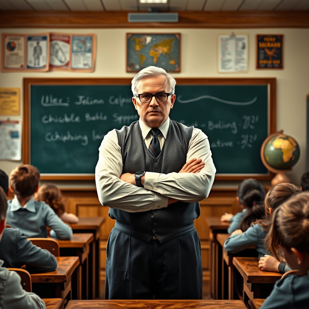 A strict teacher standing in front of a chalkboard in a classic classroom setting, wearing glasses and a formal outfit