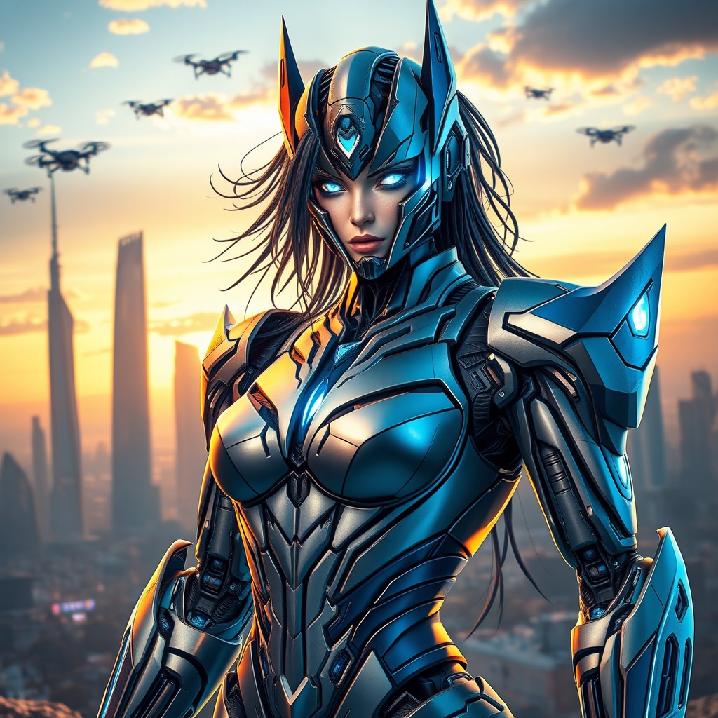 A stunning female Transformer character, inspired by the aesthetics of the Transformers universe