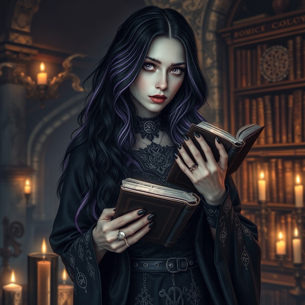 A dark emo sorceress scholar in an ancient, mystical library, surrounded by floating, glowing books and arcane symbols