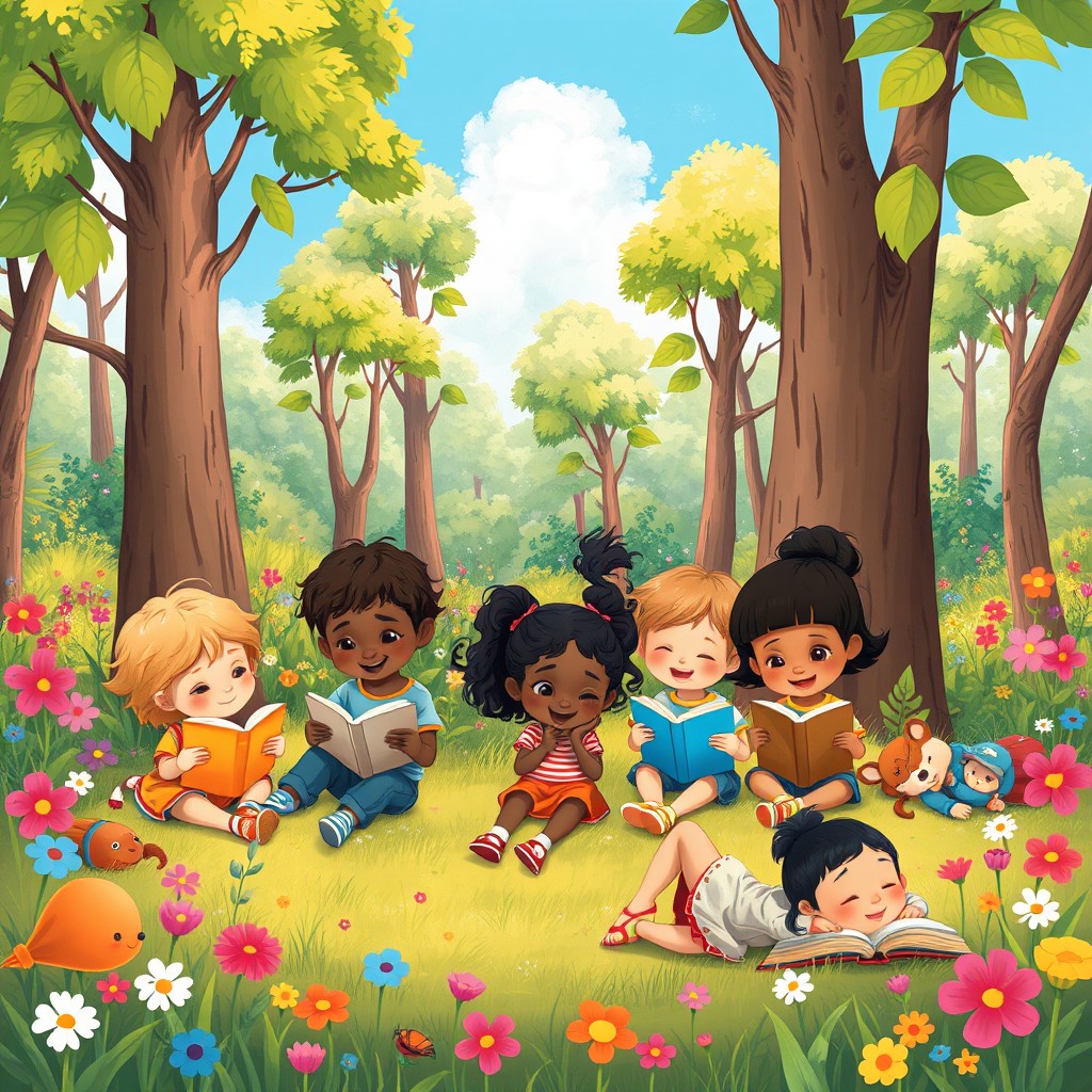 A whimsical illustration of several children of diverse backgrounds, happily reading books in the midst of a vibrant forest