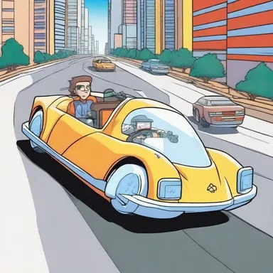 In the cartoon, the protagonists race down a three-lane highway in their futuristic vehicles.