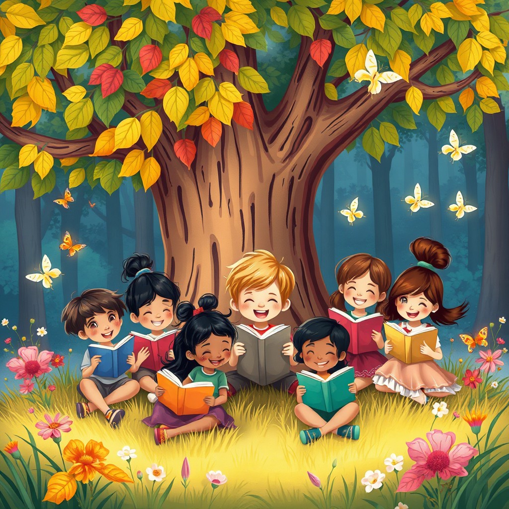 A charming illustration depicting a group of children reading joyfully in a magical forest setting