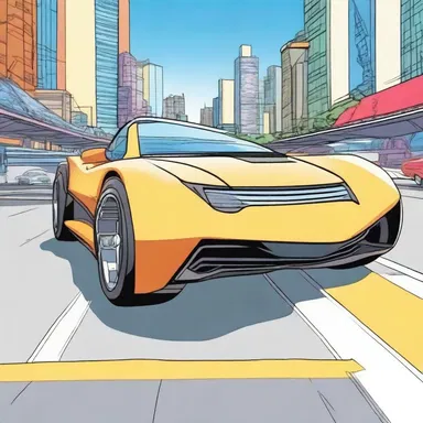 In the cartoon, the protagonists race down a three-lane highway in their futuristic vehicles.