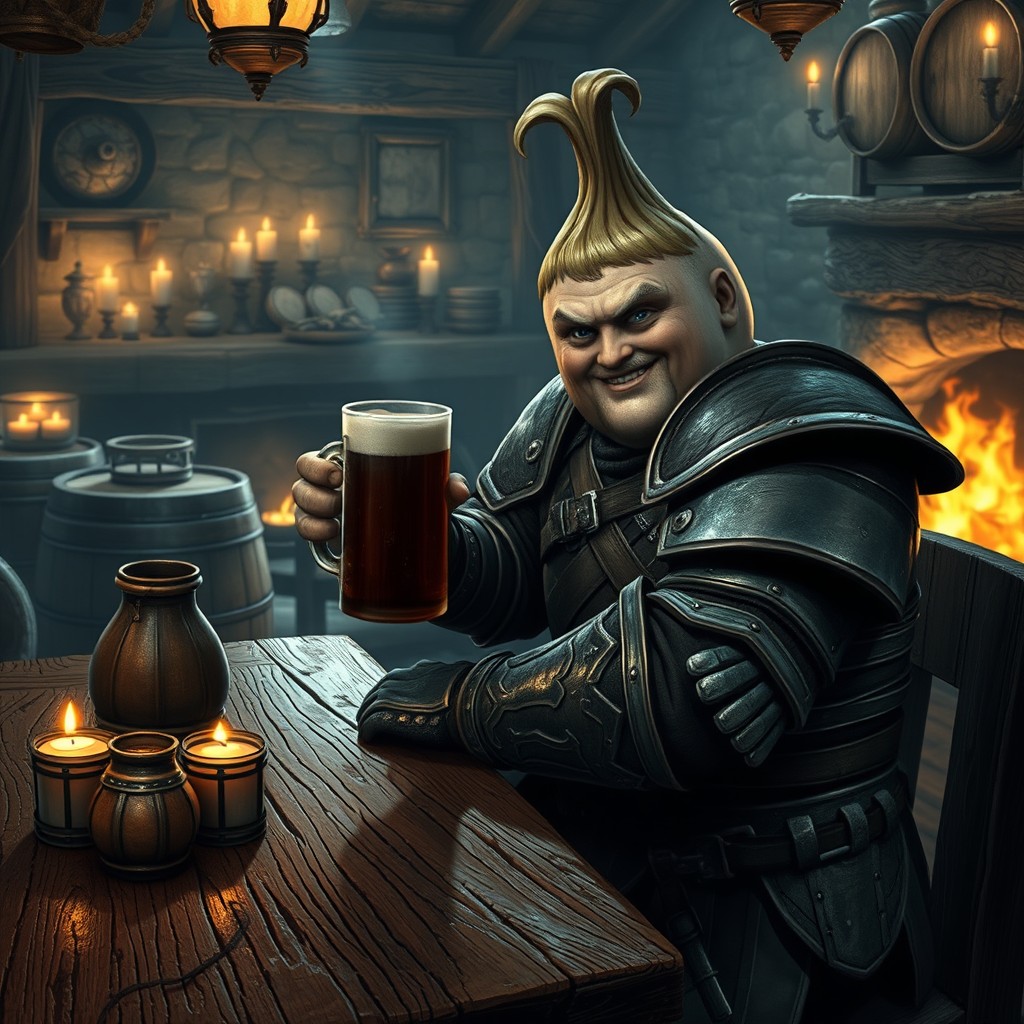 A Dark Souls character wearing an onion-shaped armor, reminiscent of Siegward of Catarina, with a friendly expression, sitting at a rustic wooden table in a medieval tavern