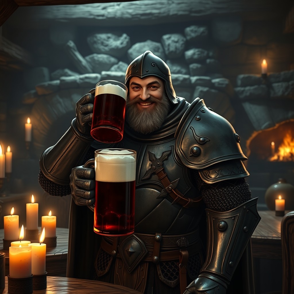 A Dark Souls knight dressed in onion armor like Siegward of Catarina, jovially sipping from a large mug in a dimly lit medieval tavern