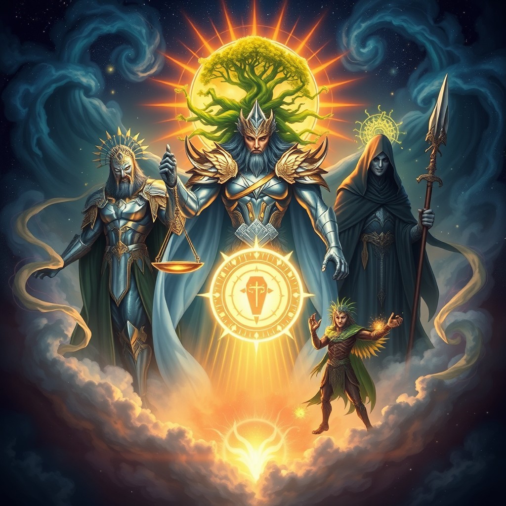 Create a mystical, fantasy-style illustration of a divine pantheon standing in a celestial circle surrounded by swirling cosmic energies and starry mist