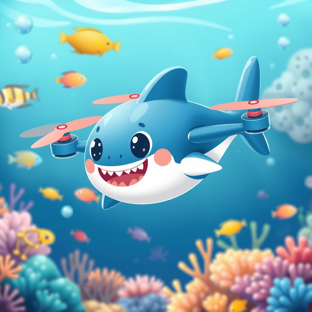 A cute and colorful sea drone resembling Baby Shark, designed with cheerful expressions, big googly eyes, and vibrant fins