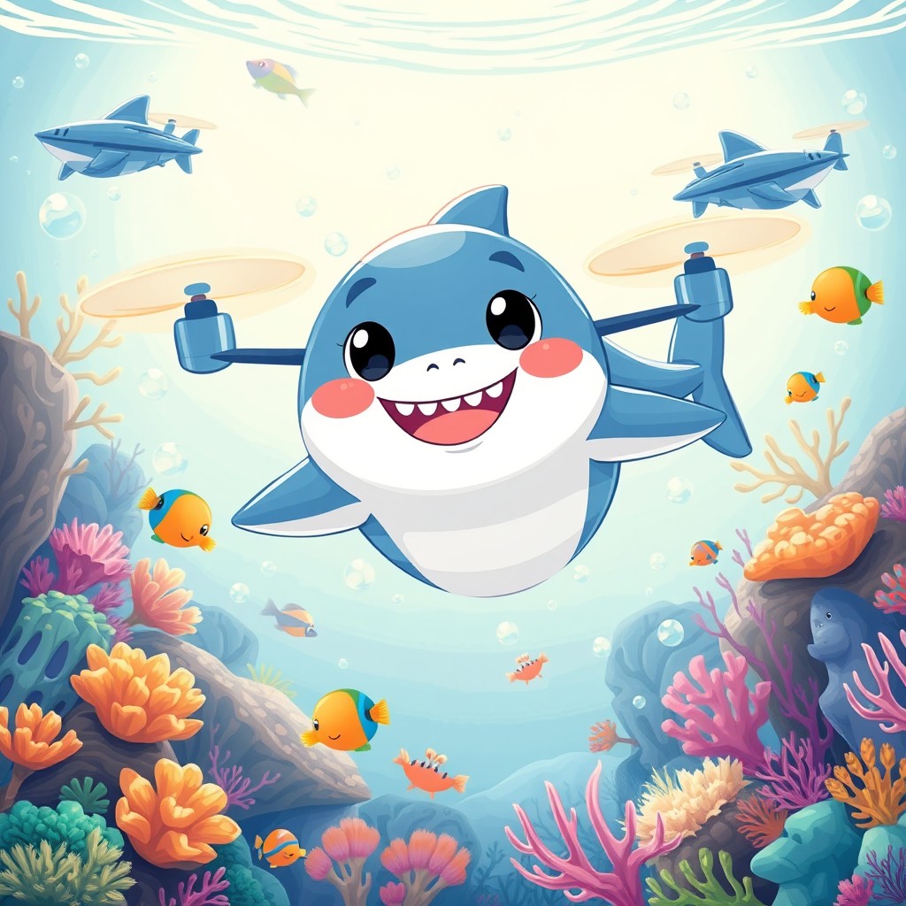 A whimsical and colorful illustration featuring a baby shark designed as a playful sea drone