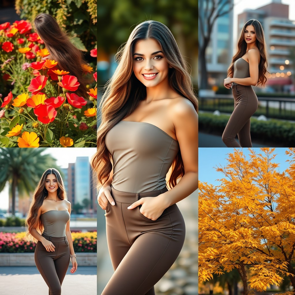 A stunningly beautiful young woman named Maia with long flowing hair, wearing a stylish and form-fitting outfit that highlights her attractive figure