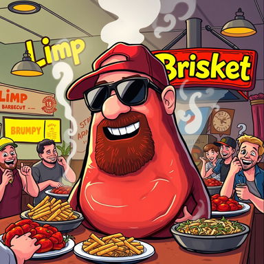 A humorous illustration of a cartoon version of Fred Durst, the lead singer of Limp Bizkit, transformed into a delicious, oversized brisket