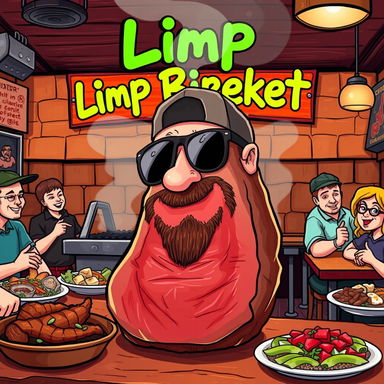 A humorous illustration of a cartoon version of Fred Durst, the lead singer of Limp Bizkit, transformed into a delicious, oversized brisket