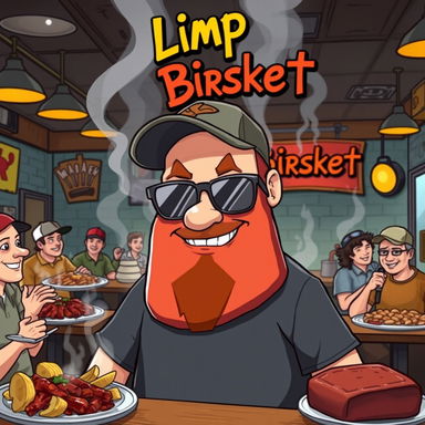 A humorous illustration of a cartoon version of Fred Durst, the lead singer of Limp Bizkit, transformed into a delicious, oversized brisket