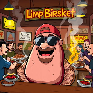 A humorous illustration of a cartoon version of Fred Durst, the lead singer of Limp Bizkit, transformed into a delicious, oversized brisket