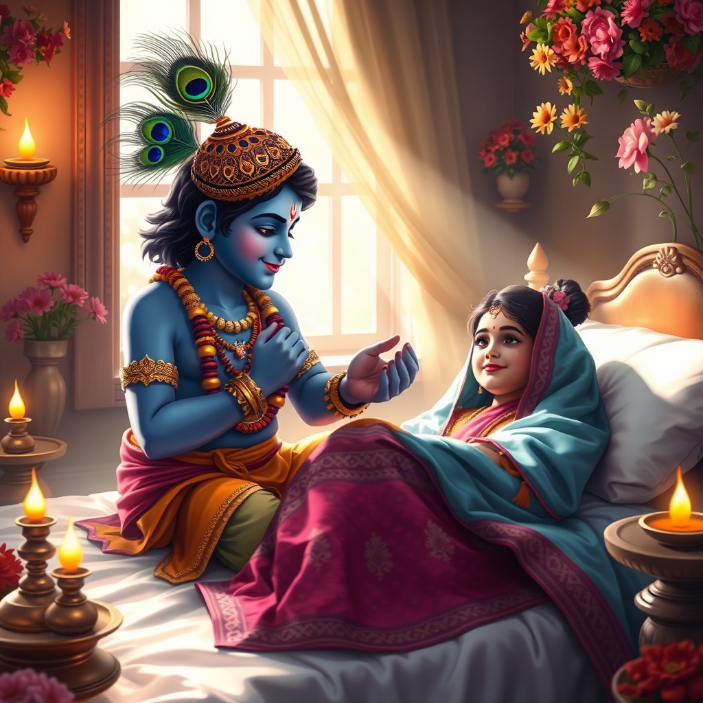A compassionate scene depicting Lord Krishna with a gentle and caring demeanor, tending to a sick Hindu girl
