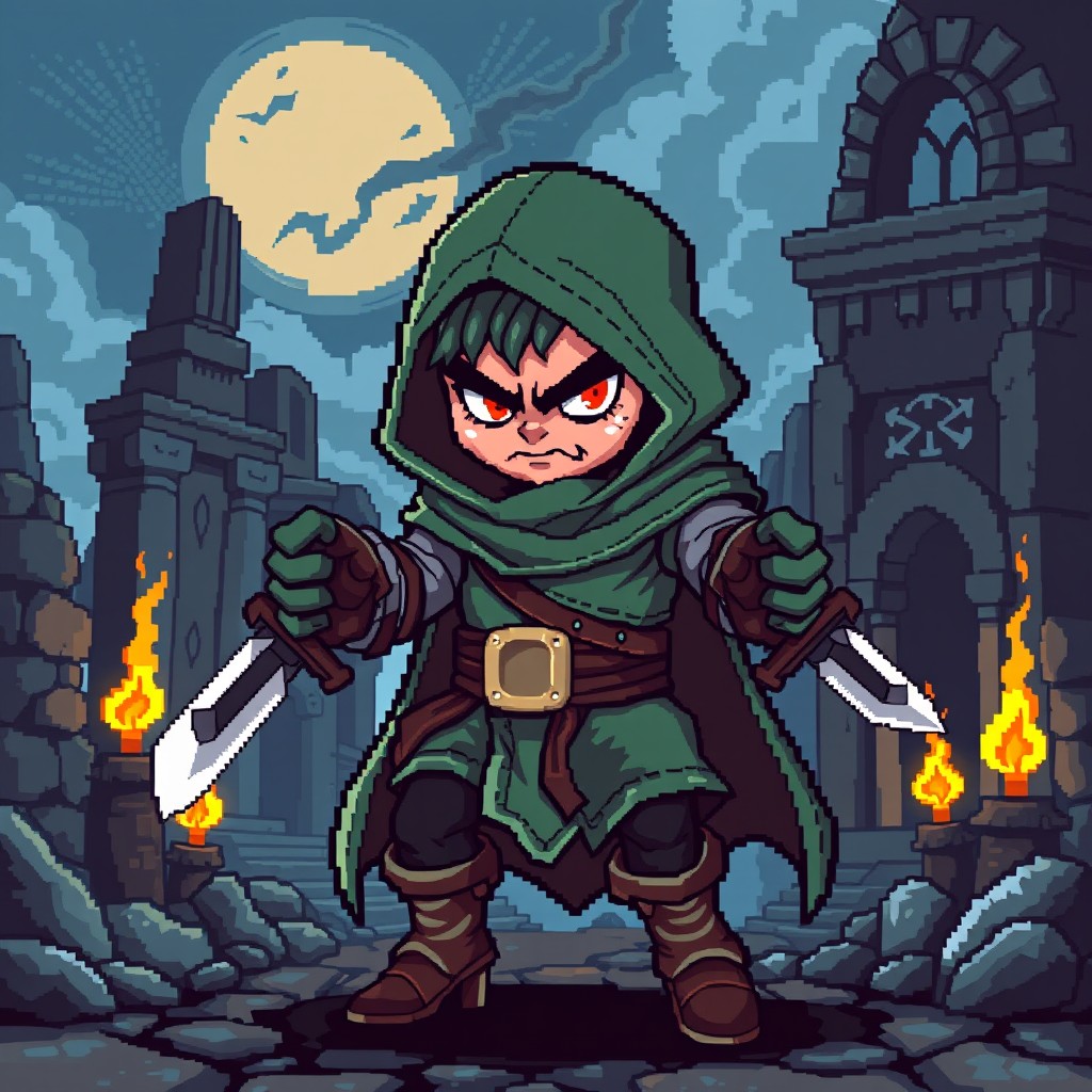A vibrant pixel art depiction of a rogue character, showcasing intricate details such as a hooded cloak, dual daggers, and a mischievous expression