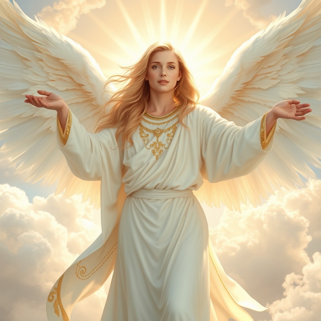 A majestic angel with large, outstretched wings, radiating a divine aura