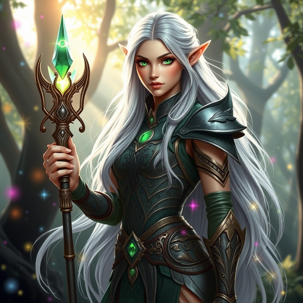 A beautiful fantasy elf named Imoen with long, flowing silver hair and captivating emerald green eyes