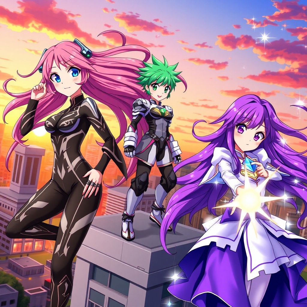 A vibrant and eye-catching scene featuring three beautiful anime girls in dynamic poses