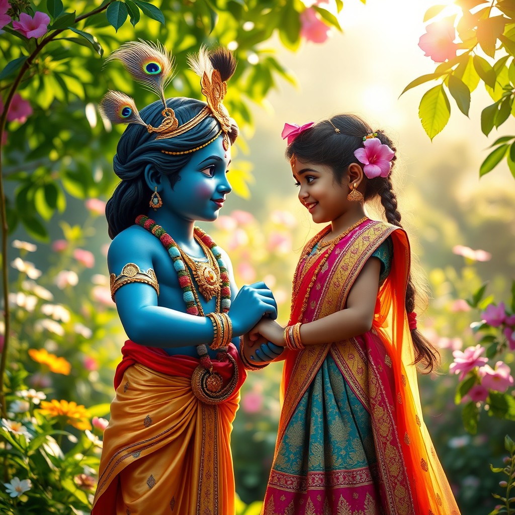 A serene and beautiful moment showcasing Lord Krishna holding hands with a young Hindu girl