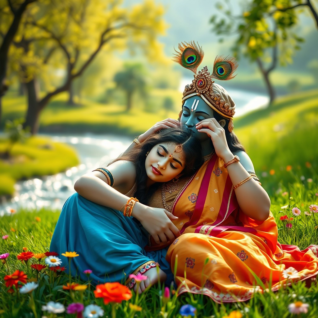 A tranquil and intimate moment capturing a Hindu girl resting her head on Lord Krishna's lap