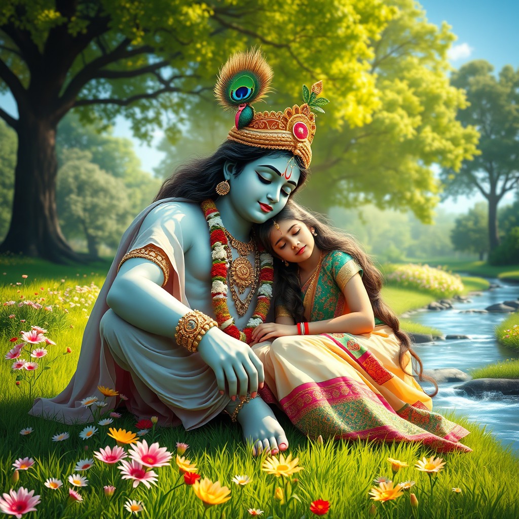 A beautiful young Hindu girl relaxing with her head gently resting on the lap of Lord Krishna