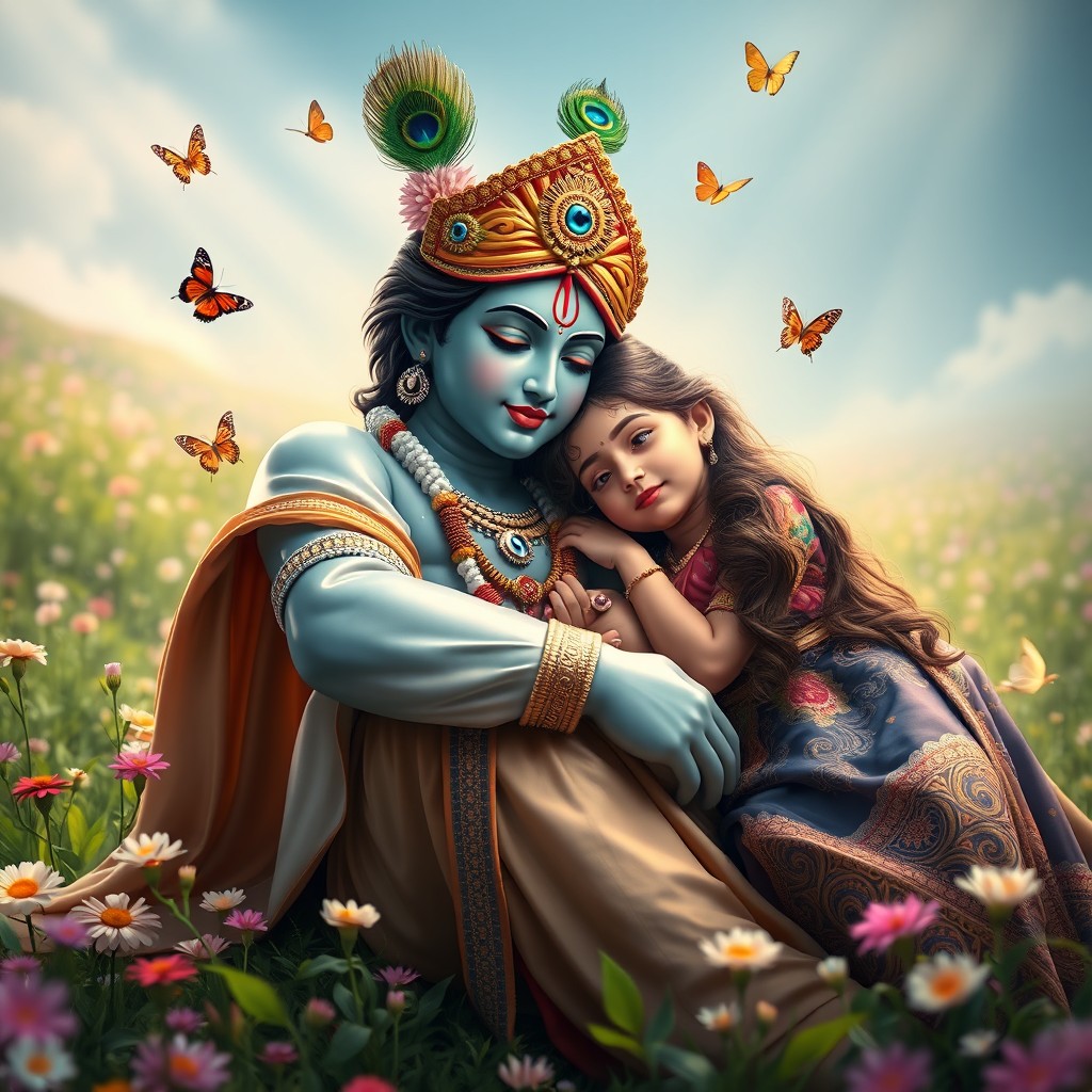 A beautiful young Hindu girl resting her head on the lap of Lord Krishna, depicted in a serene and heavenly setting