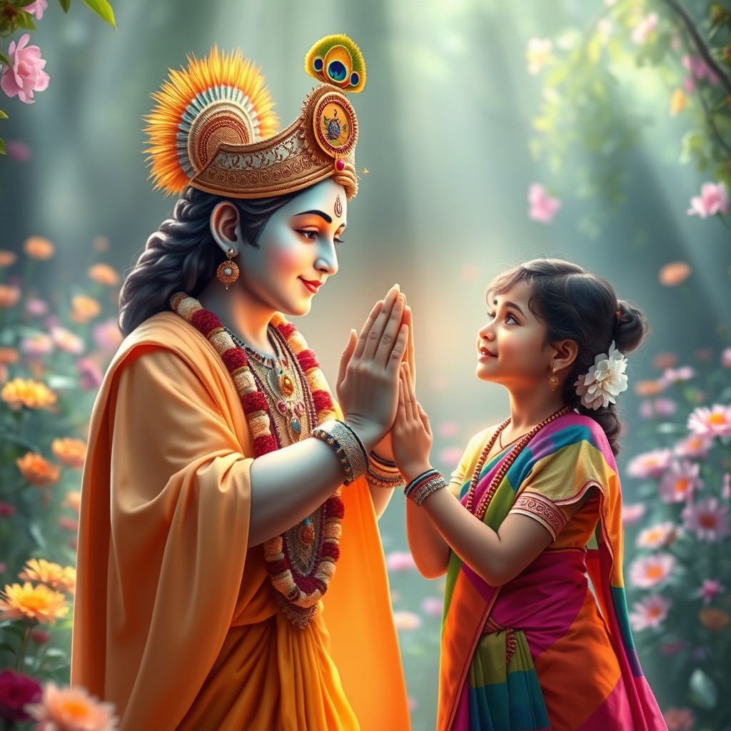 A divine scene depicting Lord Krishna bestowing blessings upon a young Hindu girl