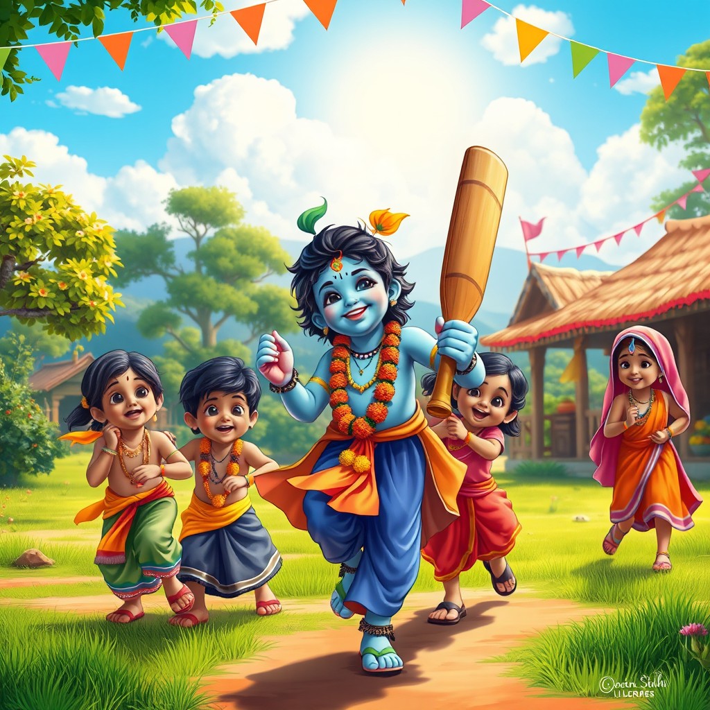 A lively scene showcasing Krishna joyfully playing cricket with a group of Hindu children in a picturesque village setting