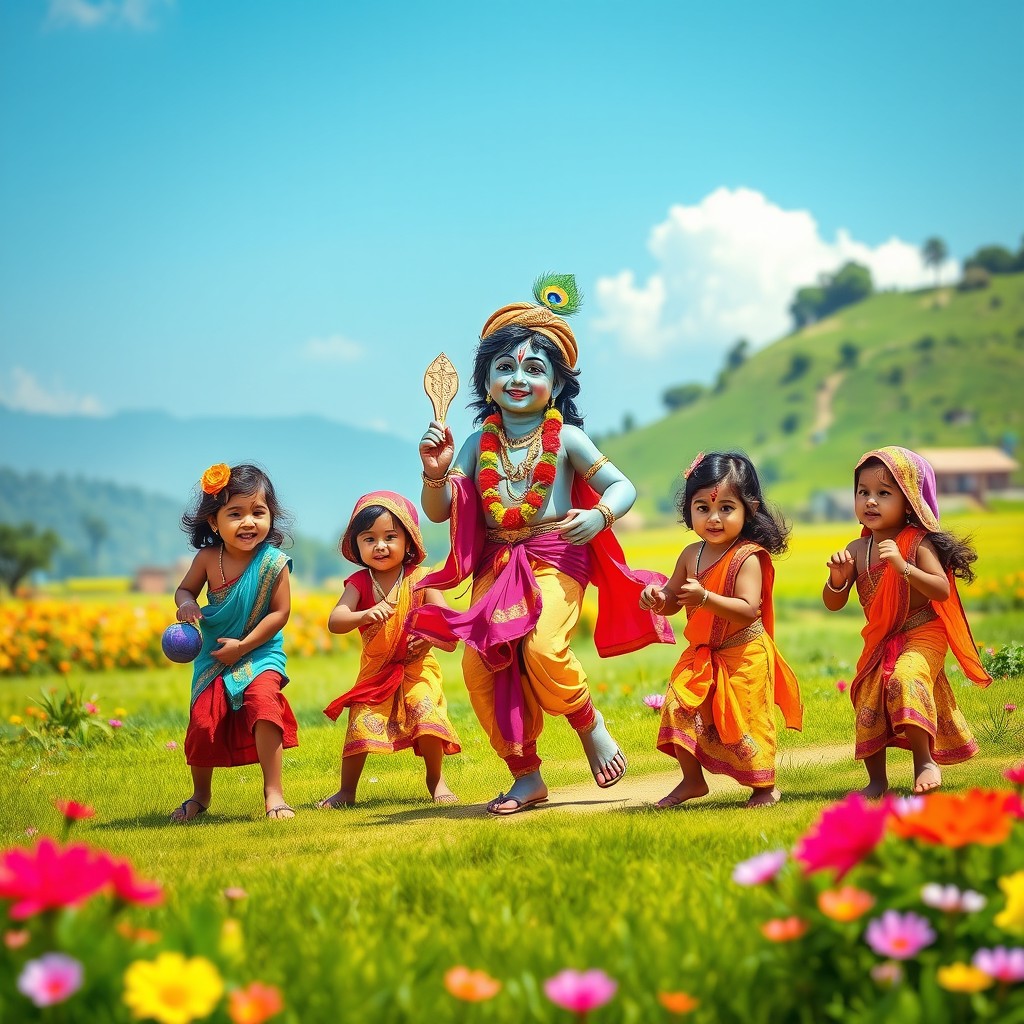 A joyful and lively scene of Hindu children playing cricket with Lord Krishna in a scenic village landscape
